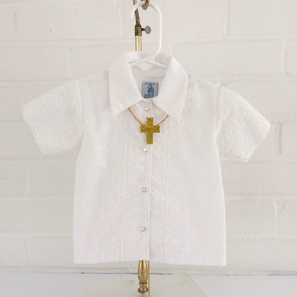 White Cross Stitch Christening Baptism Boys Dress Shirt Size 6 Months - Picture 1 of 6
